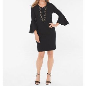 Chicos Womens Black Ponte Flare Sleeve Dress V Neckline Stretchy size 2